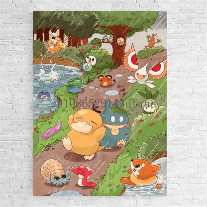 Pokemon bulbasaur trio colorful canvas print wall art featuring a rainy forest scene with psyduck and squirtle