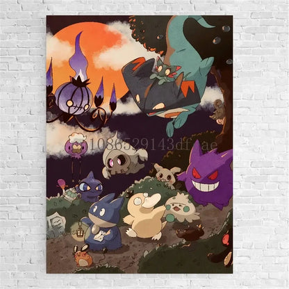 Vibrant halloween-themed pokemon bulbasaur trio canvas print wall art with gengar pikachu under an orange moon