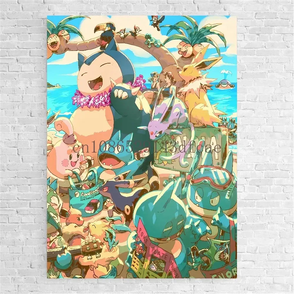 Vibrant pokemon bulbasaur trio canvas print featuring snorlax eevee and squirtle in tropical beach wall art setting
