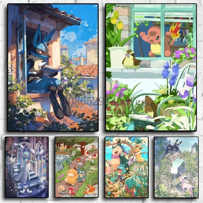 Set of six colorful pokemon-themed canvas prints featuring lucario and charmander in vibrant garden wall art