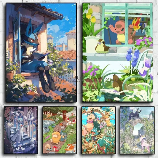 Set of six colorful pokemon-themed canvas prints featuring lucario and charmander in vibrant garden wall art