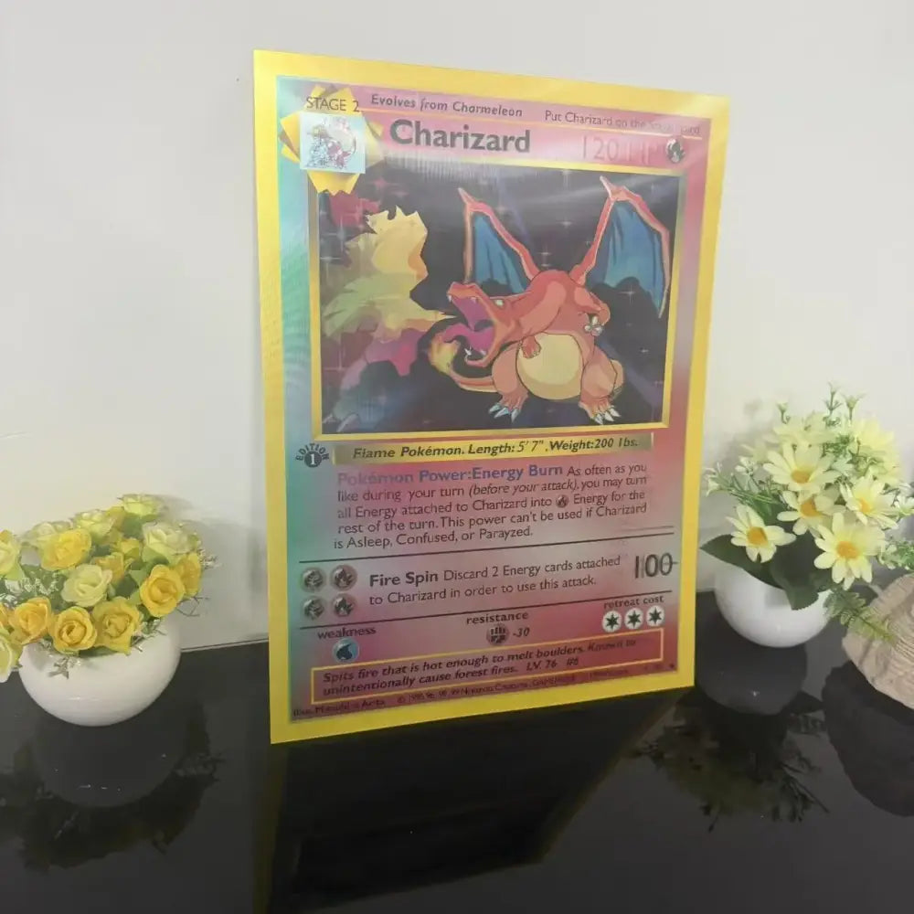 Pokemon charizard 3d lenticular poster wall art featuring vibrant yellow-bordered glossy card with fiery dragon design