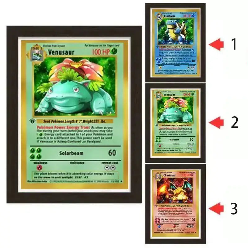 Framed pokémon trading card featuring green venusaur with red yellow flower on vibrant forest background wall art lenticular poster