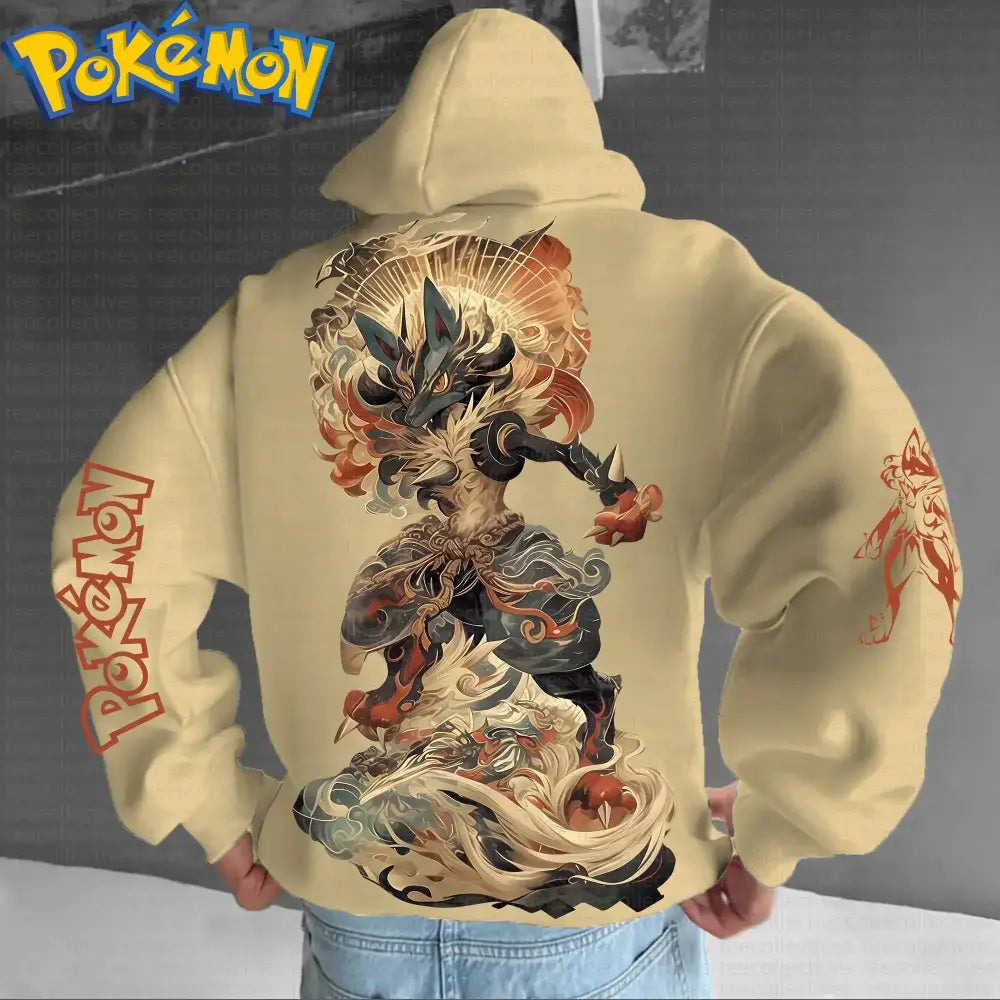 Beige pokemon hoodie with full-back multi-color flame zorua print in gray cotton featuring fiery orange and black accents