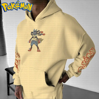 Gray cotton oversized pokémon hoodie with pale yellow lucario graphic and red pokémon lettering on sleeves
