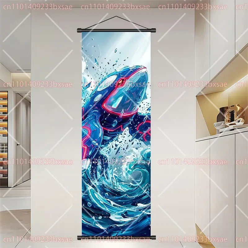 Vibrant blue and pink pokemon dragonite gengar scroll painting featuring dynamic water-themed wall art on canvas scroll