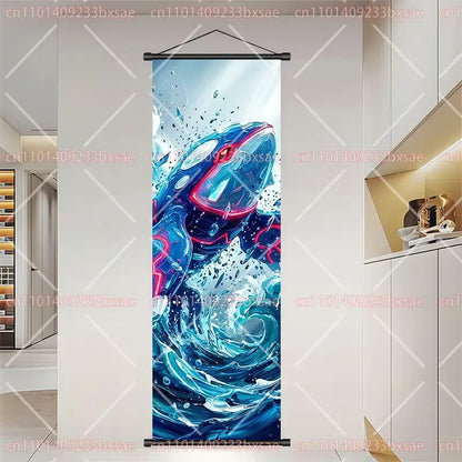 Vibrant blue and pink pokemon dragonite gengar scroll painting featuring dynamic water-themed wall art on canvas scroll