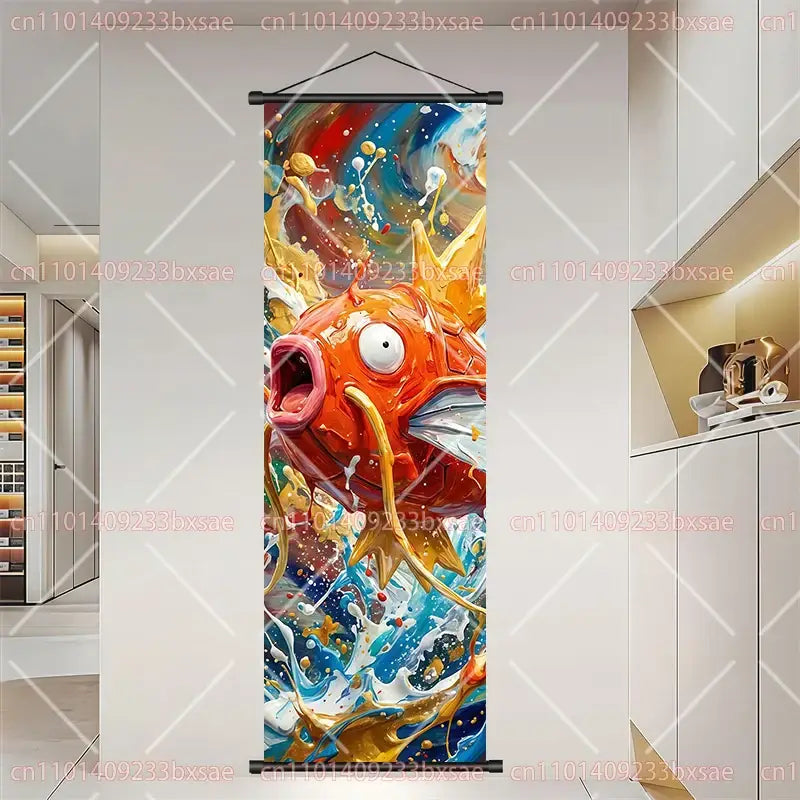 Pokemon dragonite gengar scroll painting wall art featuring vibrant orange and gold fish with dynamic splash effects