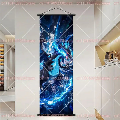 Pokemon Dragonite Gengar scroll painting wall art featuring vibrant electric blue mewtwo on a dark cosmic background