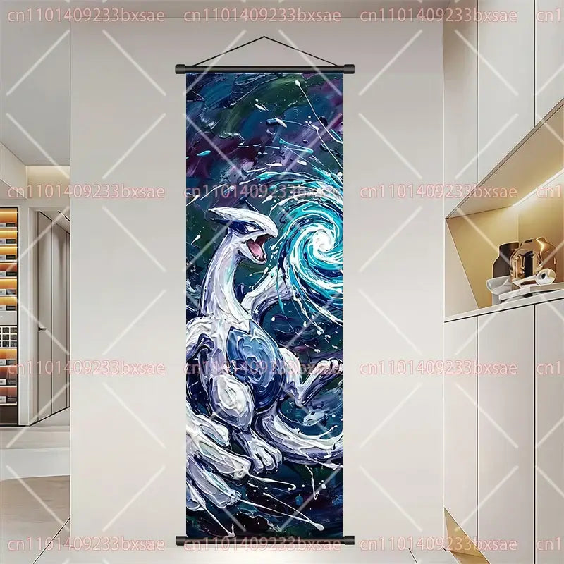 Pokemon dragonite gengar scroll painting featuring lugia in silver and deep blue cosmic swirl wall art