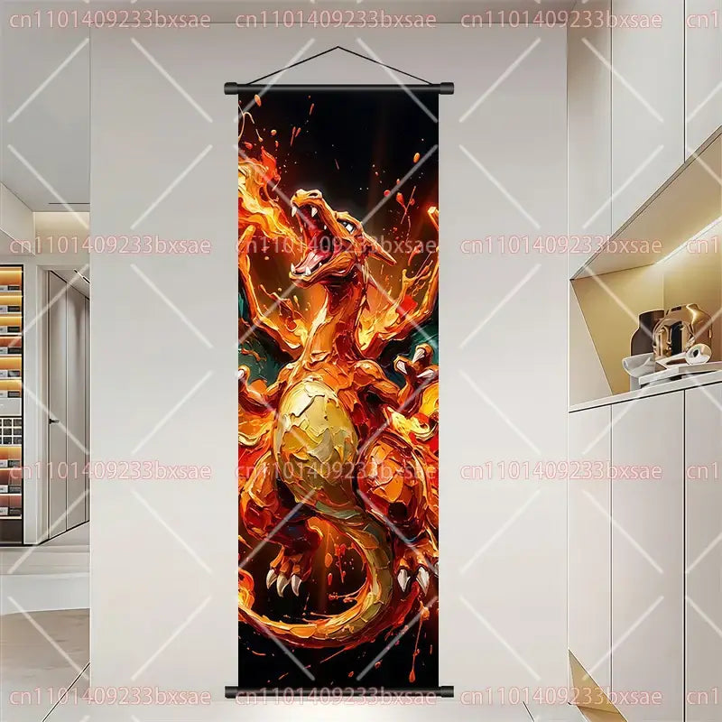 Pokemon dragonite gengar scroll painting wall art featuring vibrant orange and gold charizard with dynamic flames