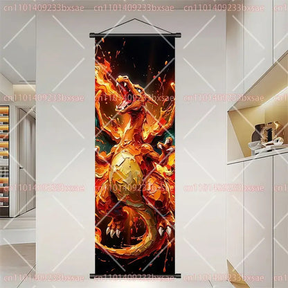 Pokemon dragonite gengar scroll painting wall art featuring vibrant orange and gold charizard with dynamic flames