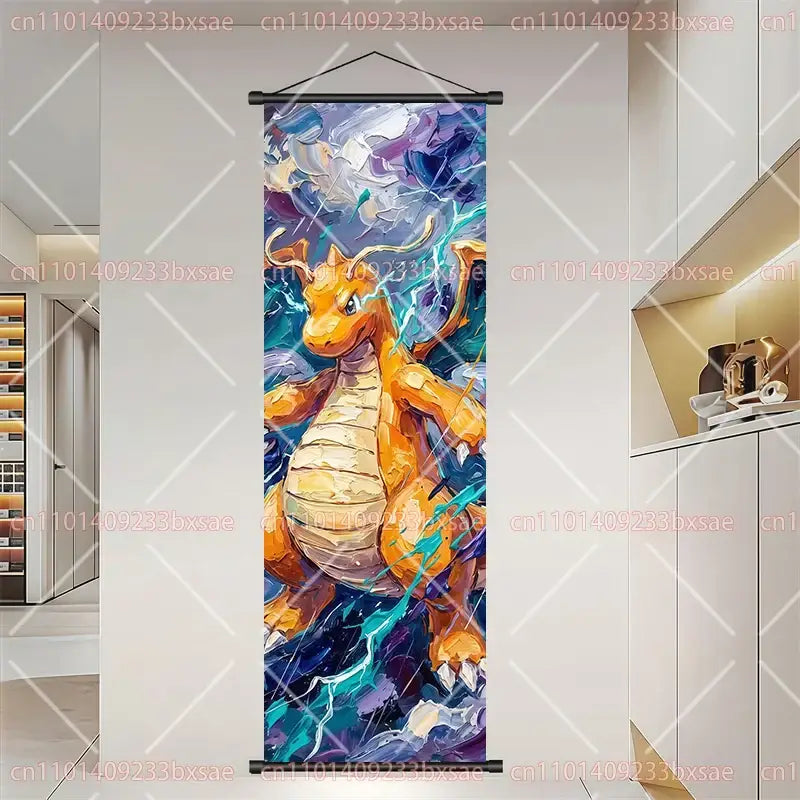 Vibrant orange and yellow dragonite pokémon wall art scroll painting on vertical canvas with black hanging rods