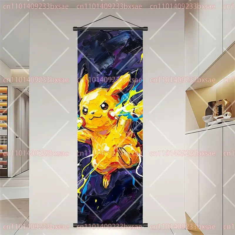 Vibrant yellow pikachu-themed canvas scroll painting with dynamic paint-splatter design and black metal hanger wall art