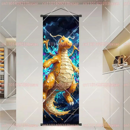 Vibrant golden dragonite pokémon scroll painting wall art with dynamic blue and purple energy effects on dark background