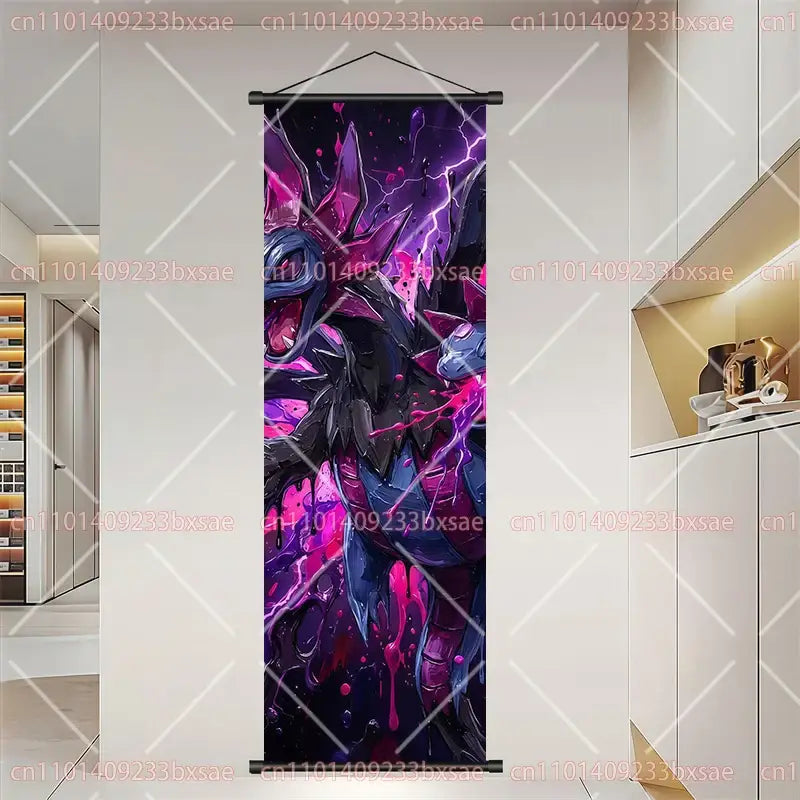 Pokemon dragonite gengar scroll painting wall art featuring vibrant purple black colors with electric blue lightning effects
