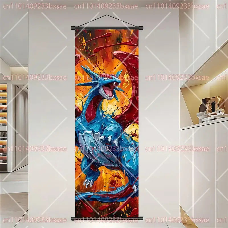 Pokemon dragonite gengar scroll painting wall art featuring vibrant blue and red dragon-themed dynamic paint-splatter design