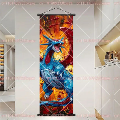 Pokemon dragonite gengar scroll painting wall art featuring vibrant blue and red dragon-themed dynamic paint-splatter design