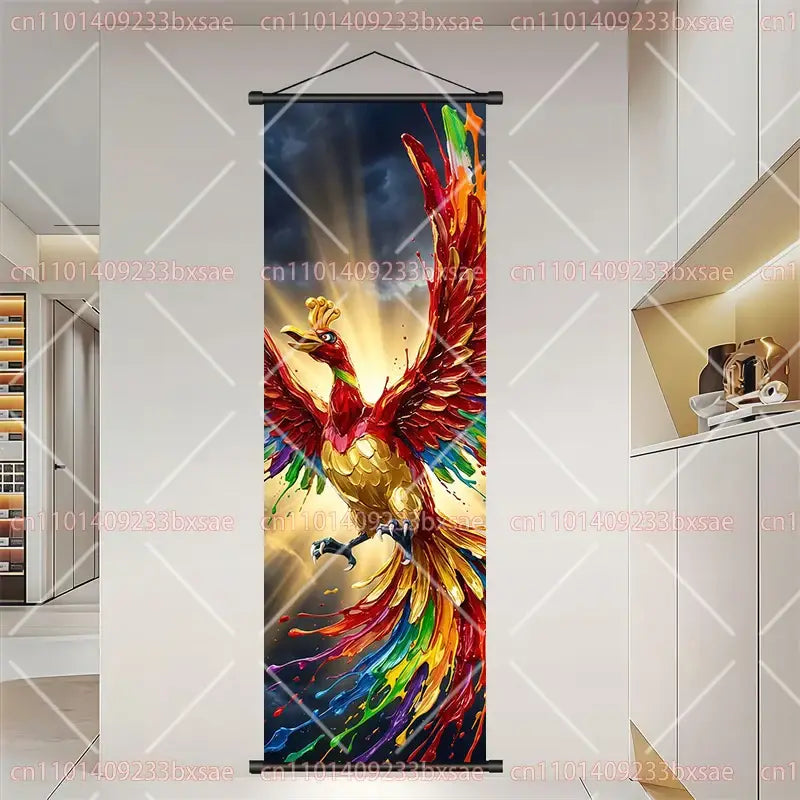 Vibrant multicolored phoenix artwork on hanging canvas scroll painting wall art for pokemon dragonite gengar decor