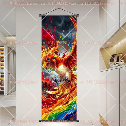 Vibrant scroll painting wall art featuring a fiery orange and red phoenix with a swirling rainbow splash background