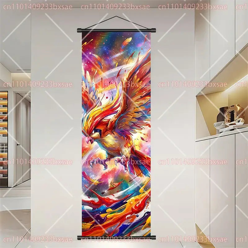 Vibrant multicolored pokemon charizard wall art scroll painting featuring cosmic flames and nebulae on canvas