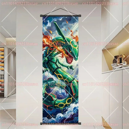 Pokemon dragonite gengar scroll painting wall art featuring vibrant green and gold rayquaza with flames and dramatic sky
