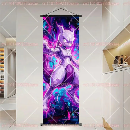 Vibrant purple and pink mewtwo-themed glossy anime-style scroll painting wall art for pokemon fans