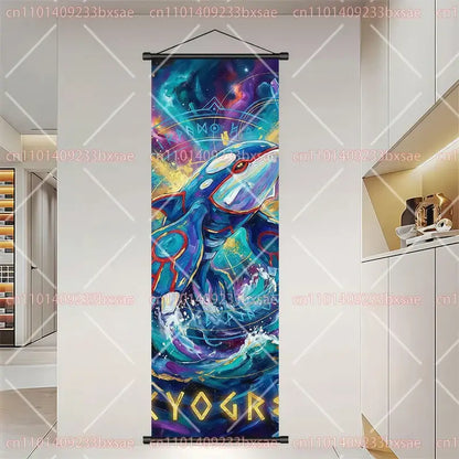 Pokemon dragonite gengar scroll painting wall art featuring vibrant blue and teal kyogre cosmic design elements
