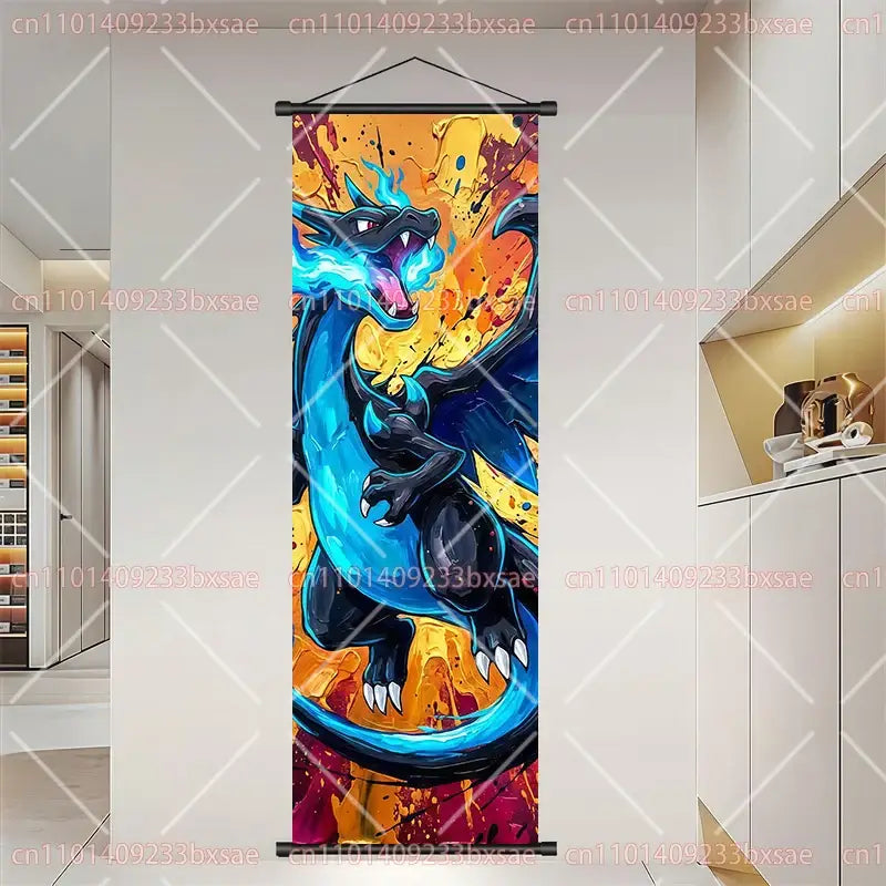Pokemon dragonite gengar scroll painting wall art featuring vibrant blue and black charizard with fiery splatter background