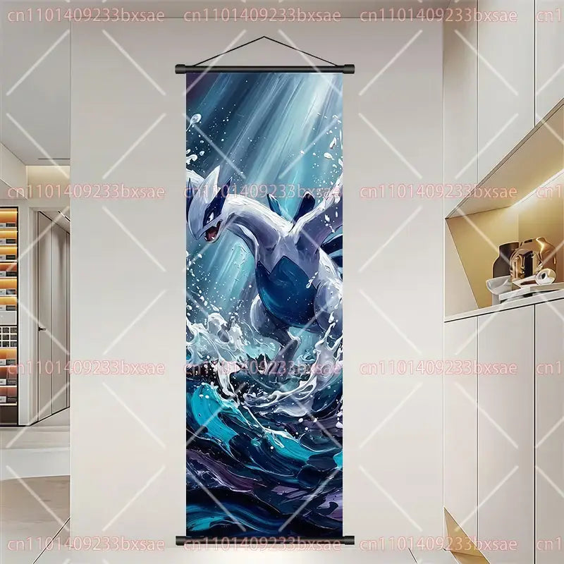 Vertical hanging scroll painting wall art featuring dynamic lugia with swirling blue and teal water splashes