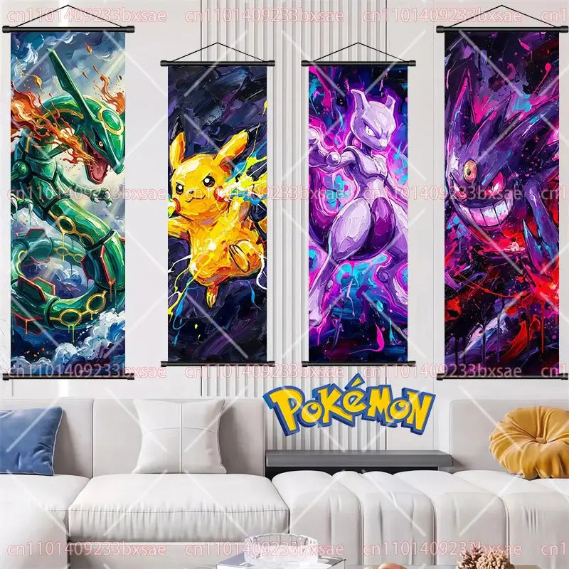 Four vibrant pokémon-themed scroll paintings featuring dragonite and gengar dynamic wall art for home decor