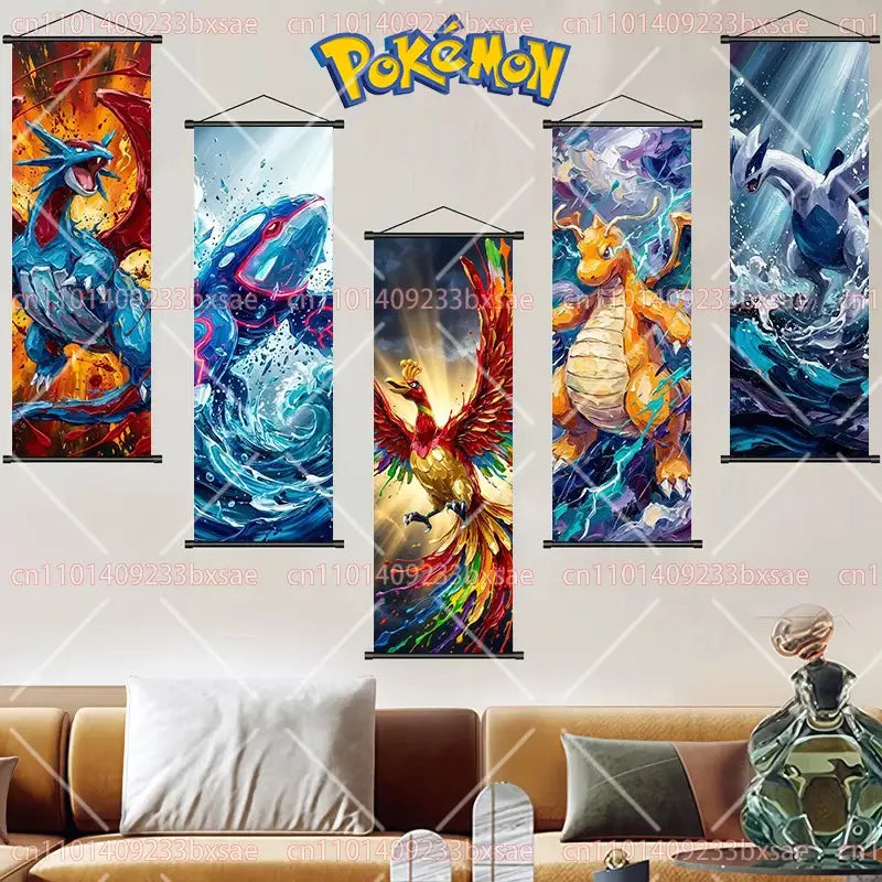 Four vibrant legendary pokémon scroll paintings featuring dragonite and gengar in bold colors wall art decor