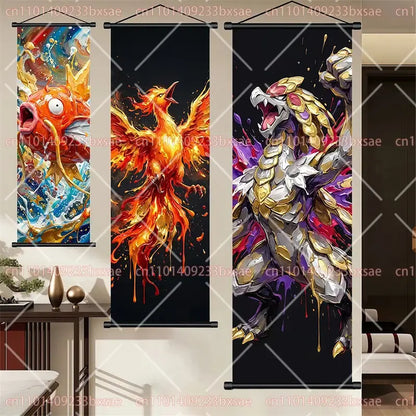 Pokemon dragonite gengar scroll painting featuring vibrant anime-style fiery fish phoenix and golden dragon wall art