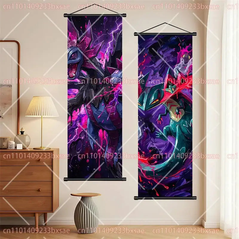 Pokemon dragonite gengar scroll painting wall art with vibrant purple pink and teal greninja and kyurem artwork