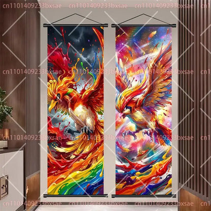 Pokemon dragonite gengar scroll painting vibrant dual-panel wall art with fiery phoenix and rainbow paint splashes