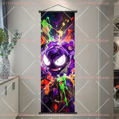 Vibrant purple and green splatter art pokemon dragonite gengar scroll painting wall art perfect for hd decor