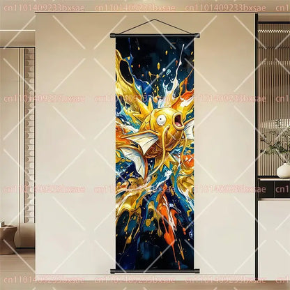 Vibrant golden and orange pikachu scroll painting wall art on durable canvas with dynamic splash effects on dark background