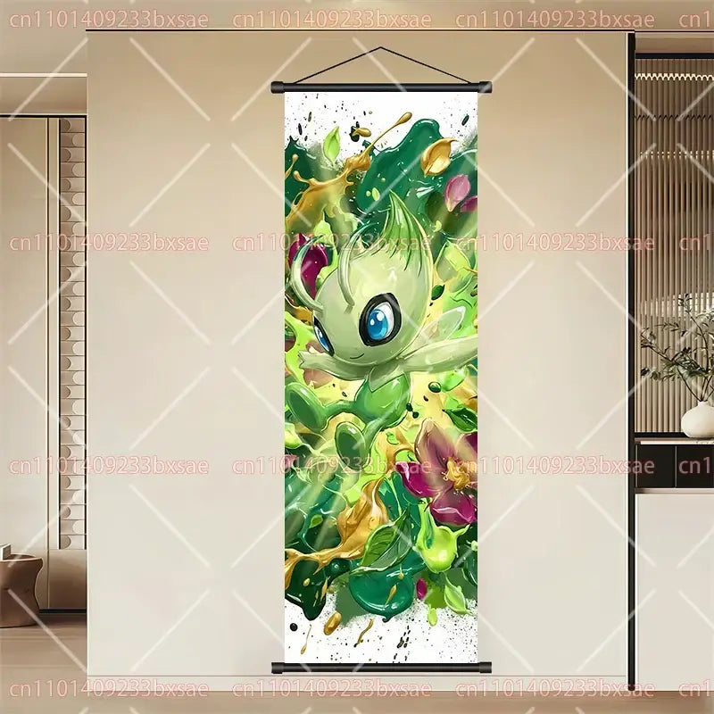 Vibrant green and yellow pokemon eevee pikachu scroll painting wall art on durable canvas with large blue eyes cartoon character