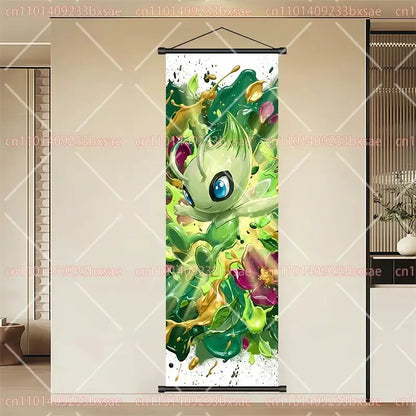 Vibrant green and yellow pokemon eevee pikachu scroll painting wall art on durable canvas with large blue eyes cartoon character