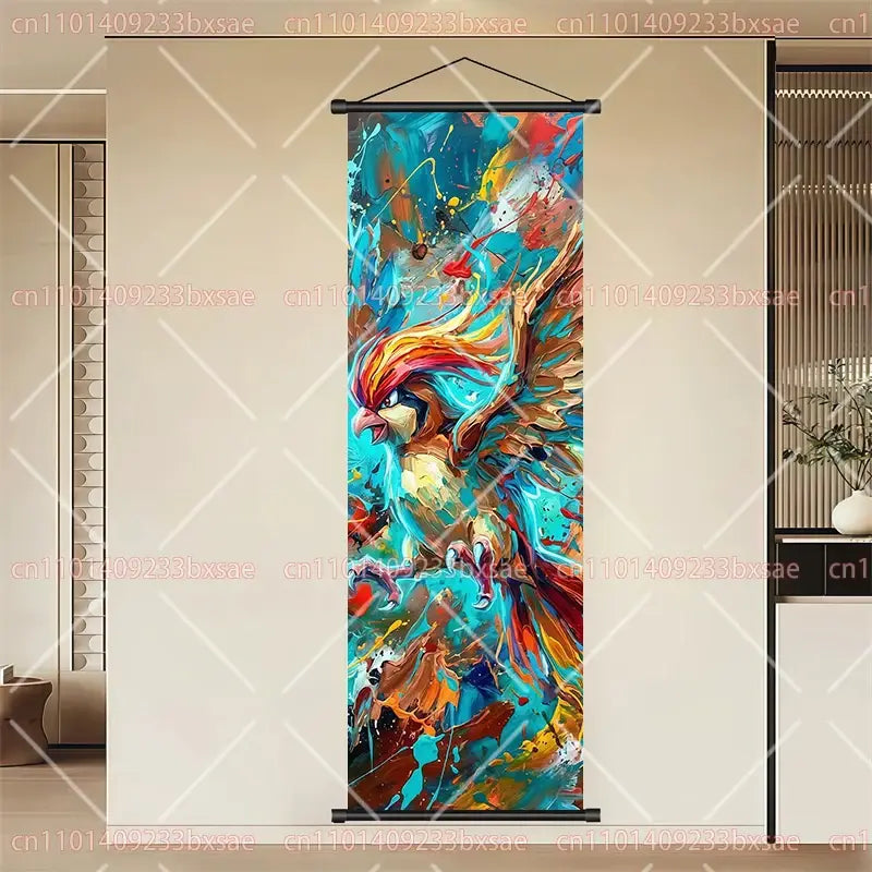 Vibrant pokemon eevee pikachu scroll painting wall art with fiery bird design on durable canvas in blue red and orange