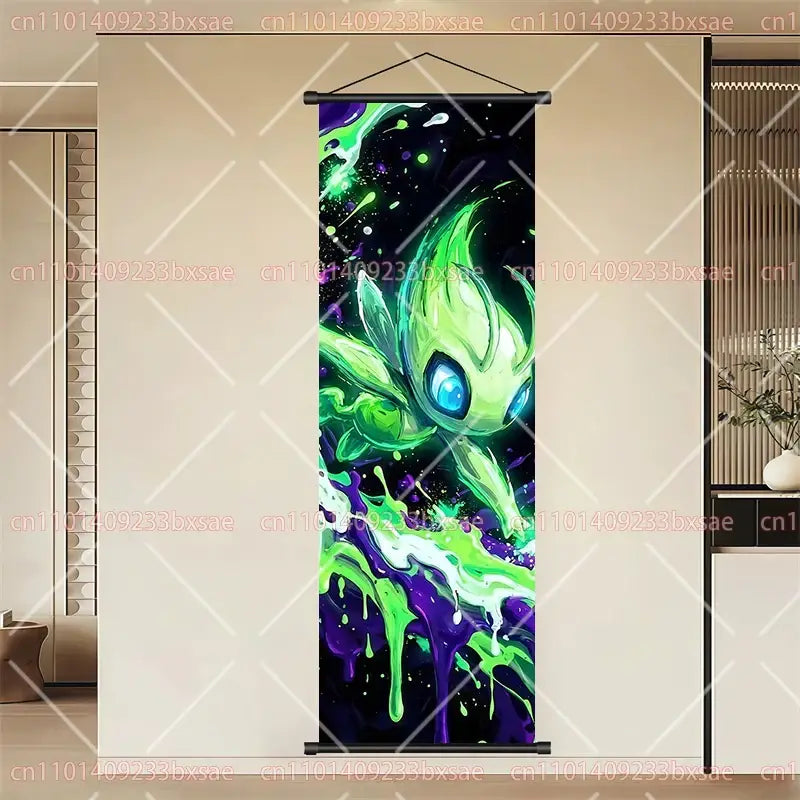 Vibrant green and purple cosmic-themed pokemon eevee pikachu scroll painting wall art on durable canvas with glowing creature