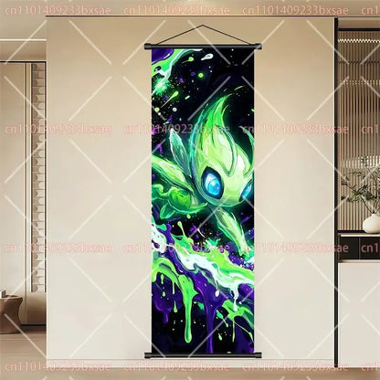 Vibrant green and purple cosmic-themed pokemon eevee pikachu scroll painting wall art on durable canvas with glowing creature