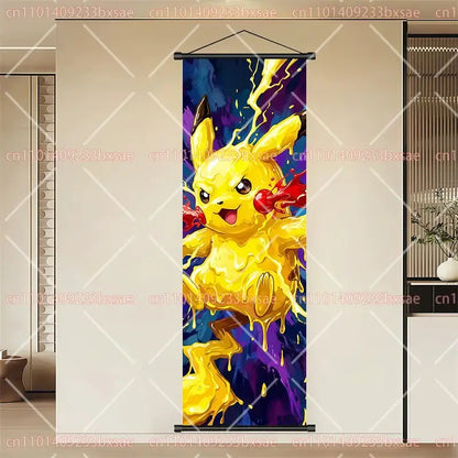 Vibrant yellow pikachu scroll painting wall art on durable canvas with dynamic paint splatter and blue purple background