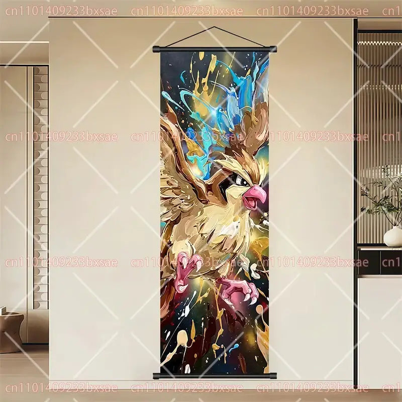 Vibrant scroll painting of articuno with golden feathers and blue energy on durable canvas wall art for home decor