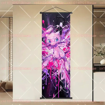 Vibrant pink and purple mew scroll painting wall art on durable canvas hanging with black metal hangers