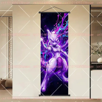 Pokemon eevee pikachu scroll painting wall art featuring vibrant purple and blue mewtwo on durable canvas