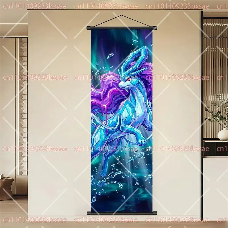 Pokemon eevee pikachu scroll painting featuring durable canvas wall art with vibrant lugia illustration in blue and purple