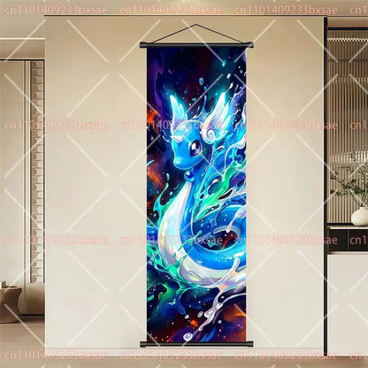 Pokemon eevee pikachu scroll painting wall art featuring a vibrant blue and teal dragon design on durable canvas