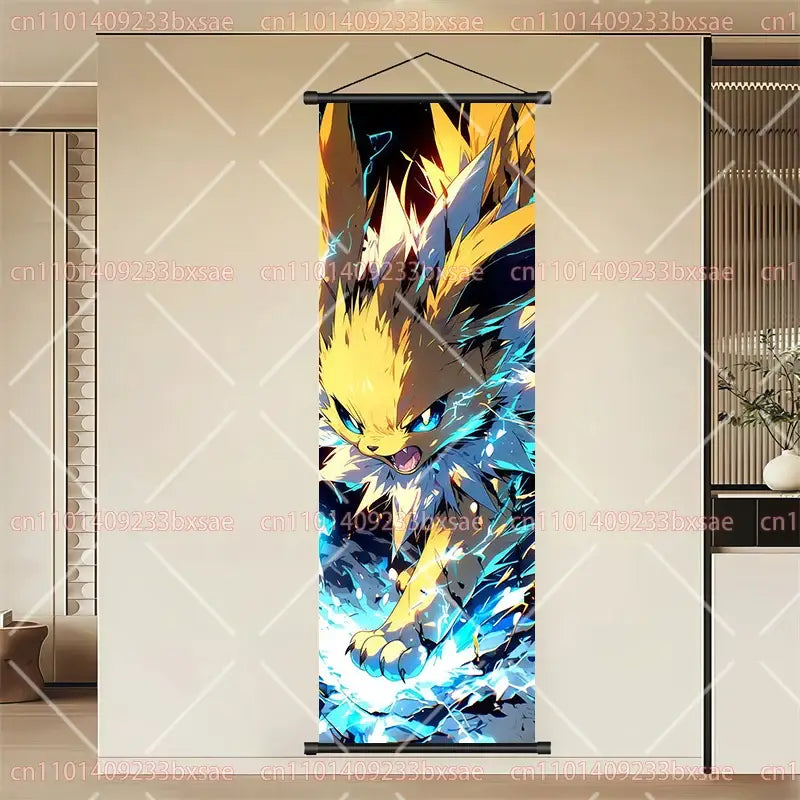 Vibrant yellow and blue jolteon scroll painting on durable canvas wall art in a black frame for pokemon decor