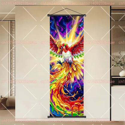 Pokemon eevee pikachu scroll painting wall art featuring vibrant phoenix design on durable multicolored canvas